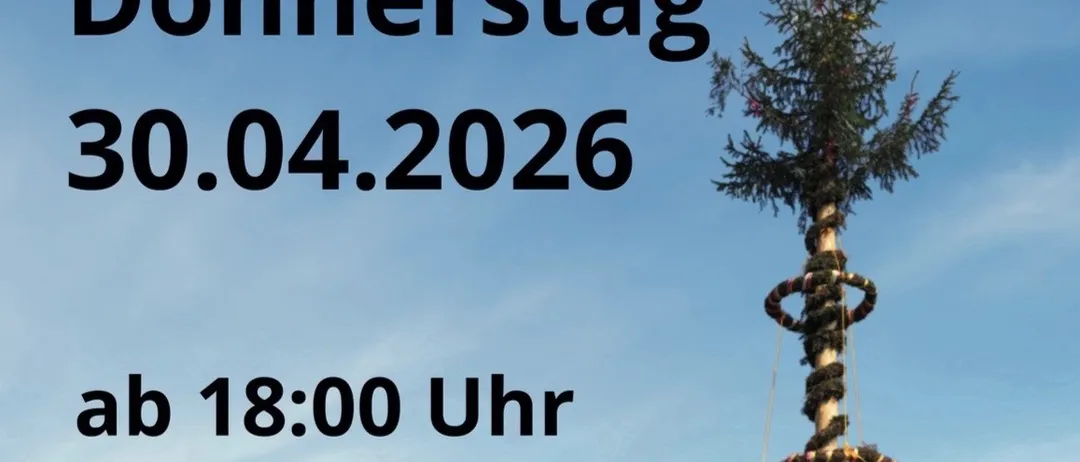 Ein Plakat für die FF Alland-Veranstaltung am Donnerstag, 30. April 2026, ab 18:00 Uhr, beim Feuerwehrhaus. Das Plakat zeigt einen geschmückten Baum und einen blauen Himmel.