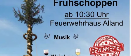 Plakat für die Baumfällveranstaltung der FF Alland am 14. Juni. Mit einem geschmückten Baum, Musik, Weinbar und einem Kinderprogramm.
