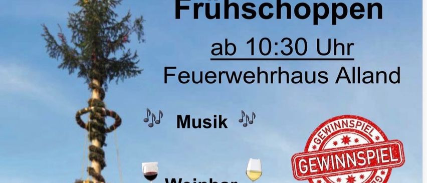 Plakat für die Baumfällveranstaltung der FF Alland am 14. Juni. Mit einem geschmückten Baum, Musik, Weinbar und einem Kinderprogramm.