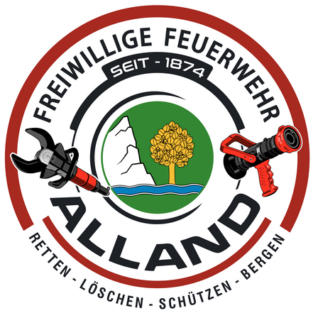 Das kreisförmige Logo der Freiwilligen Feuerwehr Alland mit zwei Feuerlöschern und einem Baum, mit einem Berg im Hintergrund, gegründet seit 1874.