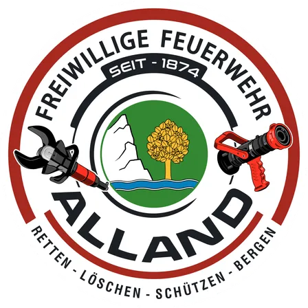 Rundes Logo mit roten und weißen Farben, das den Text 'FREIWILLIGER FEUERWEHR' oben, das Wort 'ALLAND' unten und ein Baum- und Wasserbild in der Mitte zeigt. Es hat auch das Jahr 1874 darauf geschrieben.