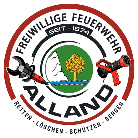 Rundes Logo mit roten und weißen Farben, das den Text 'FREIWILLIGER FEUERWEHR' oben, das Wort 'ALLAND' unten und ein Baum- und Wasserbild in der Mitte zeigt. Es hat auch das Jahr 1874 darauf geschrieben.