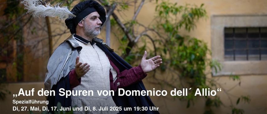 Ein erwachsener Mann, der ein weißes Hemd, einen grauen Umhang und einen schwarzen Hut mit einer Feder trägt, steht im Freien und gestikuliert mit den Händen.