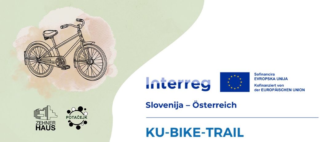 Plakat für das Interreg-Projekt Slowenien-Österreich KU-Bike-Trail, mit einem Fahrrad und dem Interreg-Logo. Es zeigt eine Partnerschaft zwischen Slowenien und Österreich.