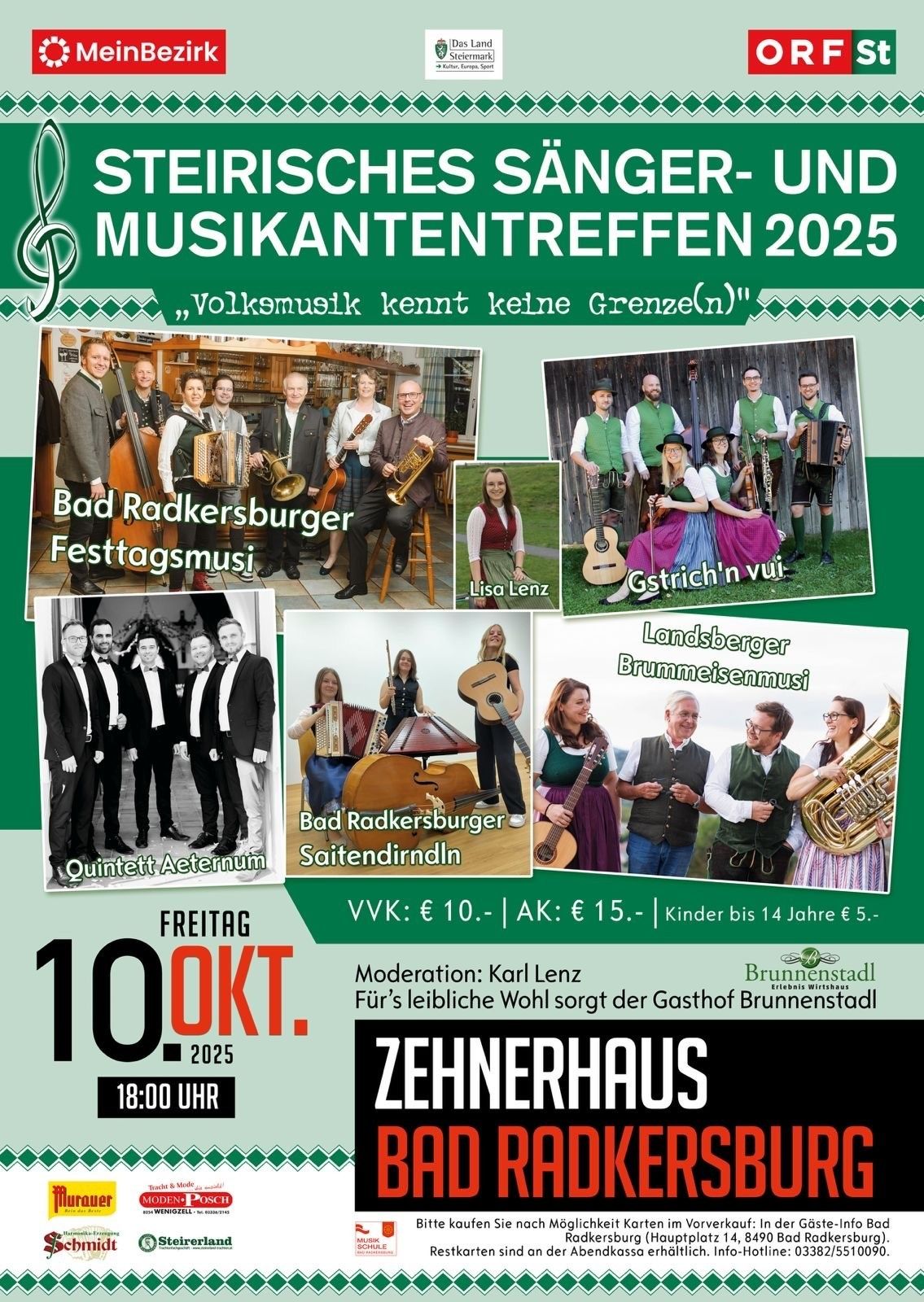 Plakat für ein Musikfestival 2025 mit verschiedenen Musikergruppen, darunter eine Band mit Violinen und Celli, eine weibliche Geigerin und eine Gruppe von Musikern, die verschiedene Instrumente spielen. Das Plakat enthält den Slogan 'Volksmusik kennt keine Grenzen.'