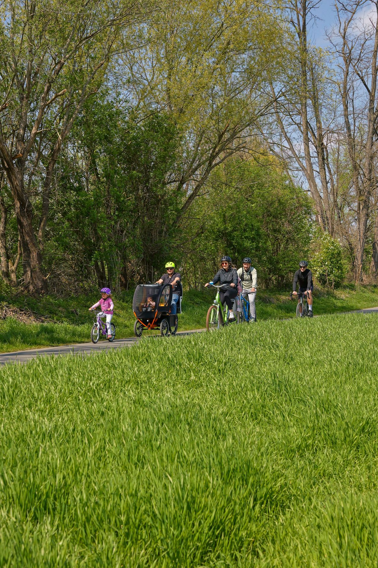 Eine Familie fährt auf einem grasbewachsenen Pfad mit Fahrrädern, wobei ein Erwachsener einen Kinderwagen schiebt. Bäume säumen den Weg.