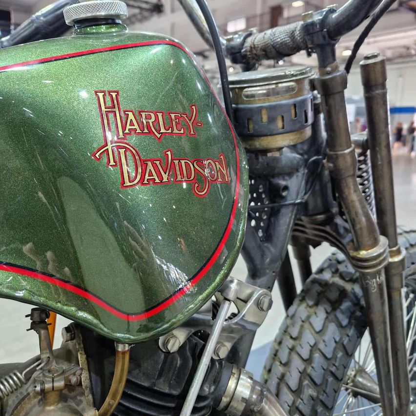 Ein Nahaufnahme des Kraftstofftanks eines Vintage-Harley-Davidson-Motorrads mit grüner Oberfläche und roten und schwarzen Akzenten, auf dem das Harley-Davidson-Logo prominent angebracht ist.