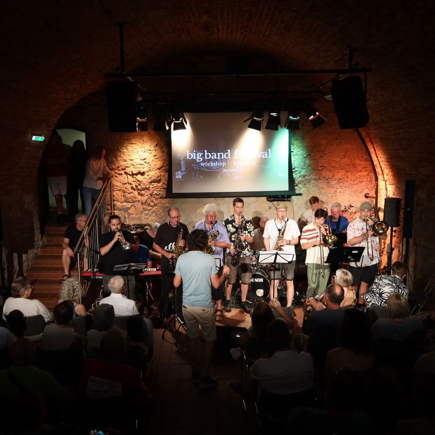 Eine Jazzband spielt auf der Bühne mit einer Projektionsleinwand hinter ihnen, auf der 'Big Band Festival Workshop' steht. Das Publikum sitzt vor ihnen.