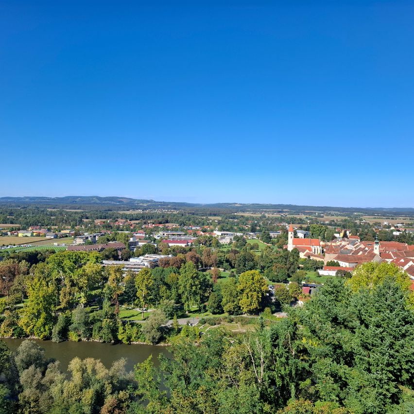 Stadtansicht von Krems an der Donau mit Fluss und grünen Bäumen unter blauem Himmel