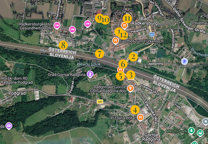 Eine Karte von Bad Radkersburg mit nummerierten Sehenswürdigkeiten, einschließlich Hotels, Restaurants und Wahrzeichen.