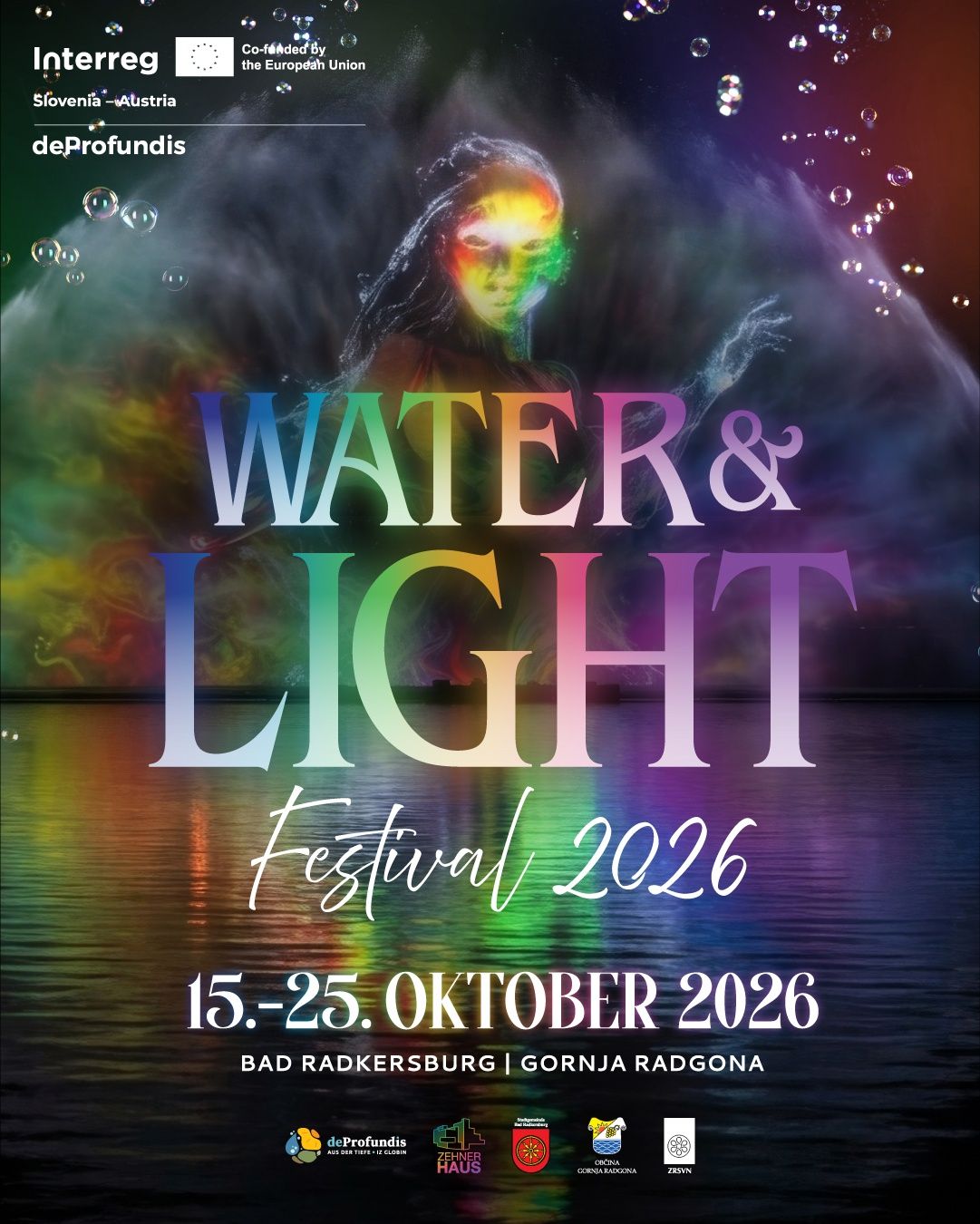 Water & Light Festival 2026 in Bad Radkersburg und Gornja Radgona mit Regenbogenfarben und einer Frauengestalt