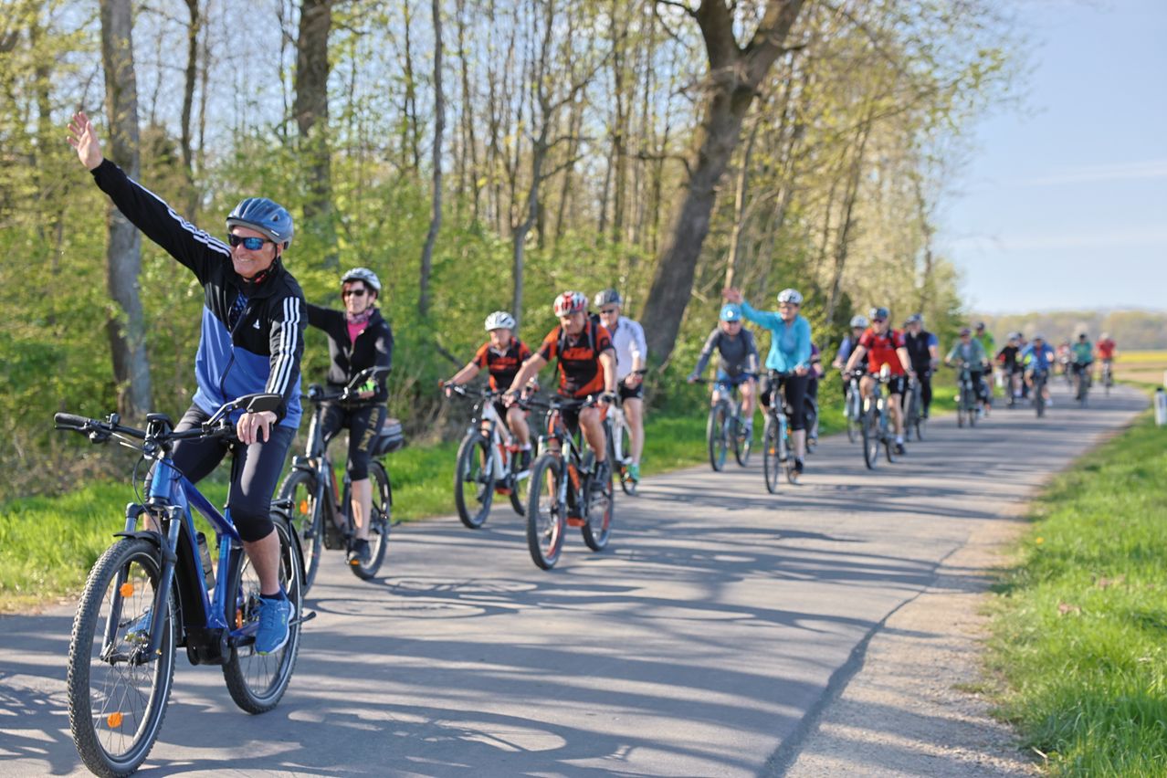 Eine Gruppe von Radfahrern mit Helmen und Fahrradausrüstung fährt auf einem asphaltierten Weg, umgeben von Bäumen.