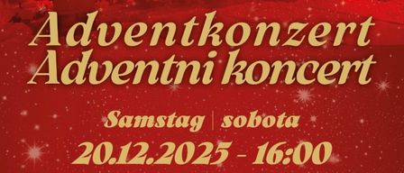 Ein festliches Plakat für ein Adventkonzert in Eberndorf. Es zeigt einen roten Hintergrund mit festlichen Dekorationen, das Datum 20.12.2025 und die Zeit 16:00. Das Konzert findet in der Stiftskirche statt. Die beteiligten Chöre sind der Jugendchor Sweethearts und der gemischte Chor SRCE.
