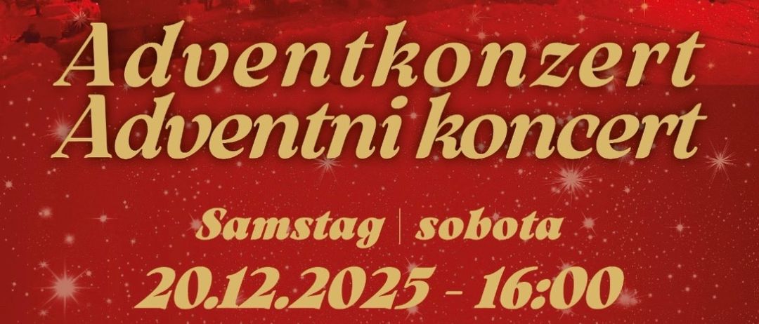 Ein festliches Plakat für ein Adventkonzert in Eberndorf. Es zeigt einen roten Hintergrund mit festlichen Dekorationen, das Datum 20.12.2025 und die Zeit 16:00. Das Konzert findet in der Stiftskirche statt. Die beteiligten Chöre sind der Jugendchor Sweethearts und der gemischte Chor SRCE.