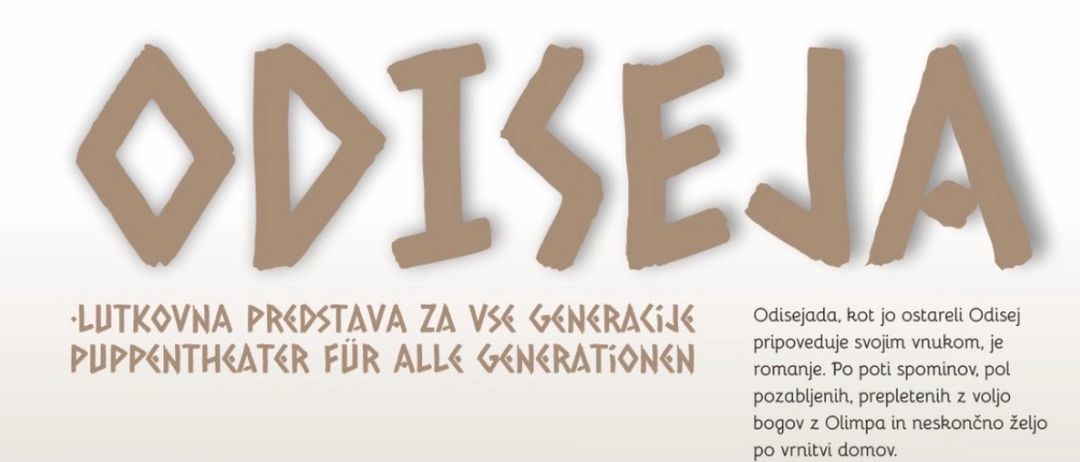 Ein Plakat für eine Puppentheateraufführung mit dem Titel 'Odysseus'. Es zeigt ein Puppengesicht und eine Besetzungsliste. Die Aufführung ist für alle Generationen und findet am 14. Dezember 2025 um 10:30 Uhr statt.