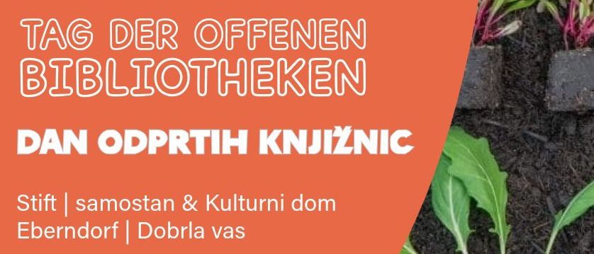 Ein Plakat bewirbt eine Veranstaltung im Kulturzentrum Dobrna am 17. April 2026 mit einer Bibliothek, Pflanzen und einem Wappen.