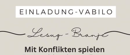 An advertisement for an event titled 'Mit Konflikten spielen' featuring an open book. It discusses the internal life of a regulated conflict dynamics using the example of the Carinthian regional council conflict. An empirical study with 14 interviewees. Date: May 6, 2026, at 8:00 PM. Location: Kulturni dom.