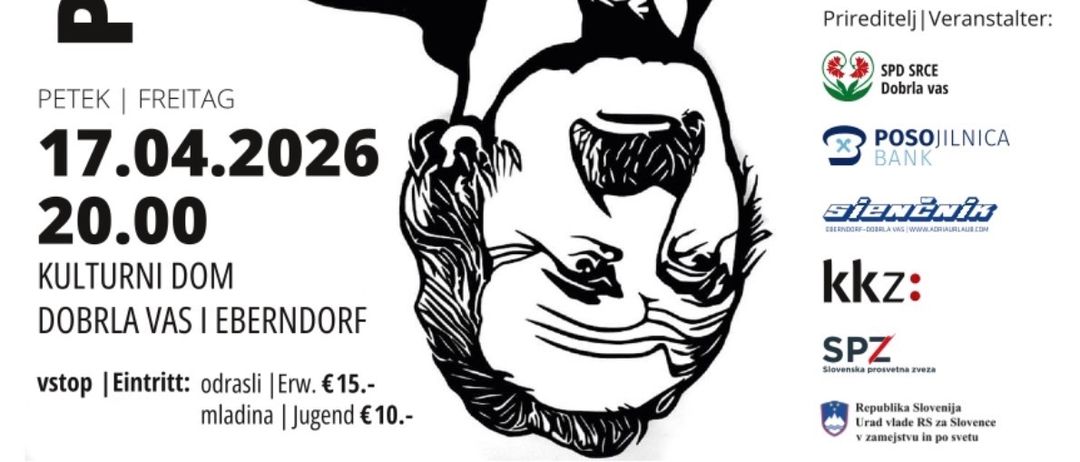 Poster für Pokrznikov Luka Monodrama mit Live-Musik von Lara Maria Vouko am Freitag, 17. April 2026 um 20:00 Uhr. Sponsoren sind SPD Dobra vas und POSO Bank.