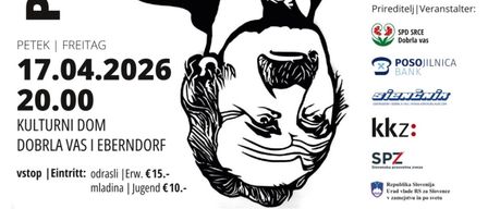 Poster for Pokrznikov Luka Monodrama with live music by Lara Maria Vouko on Friday, April 17, 2026 at 8:00 PM. Sponsors include SPD Dobra vas and POSO Bank.