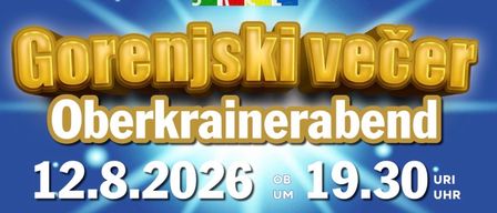 Ein Plakat für einen Abend mit Oberkrainerabend, das Musiker in traditioneller Kleidung mit Instrumenten zeigt, geplant für den 12. August 2026 um 19:30 Uhr, ausgerichtet im Stift Eberndorf.