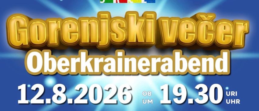 Ein Plakat für einen Abend mit Oberkrainerabend, das Musiker in traditioneller Kleidung mit Instrumenten zeigt, geplant für den 12. August 2026 um 19:30 Uhr, ausgerichtet im Stift Eberndorf.