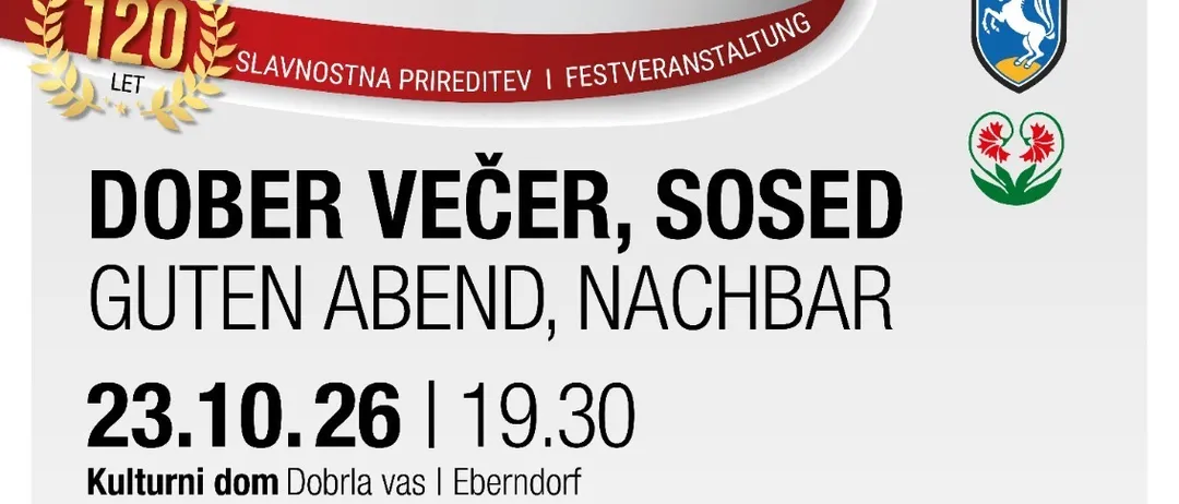 Ein Werbeplakat für ein Konzertereignis. Das Plakat zeigt ein rotes und weißes Banddesign mit dem Text 'KONCZERT' oben. Die Veranstaltung ist für den 23. Oktober 2026 um 19:30 Uhr geplant. Das Plakat enthält die Namen der an der Veranstaltung teilnehmenden Chöre, wie 'Slovenska govor' und 'Stefan Kramer'.