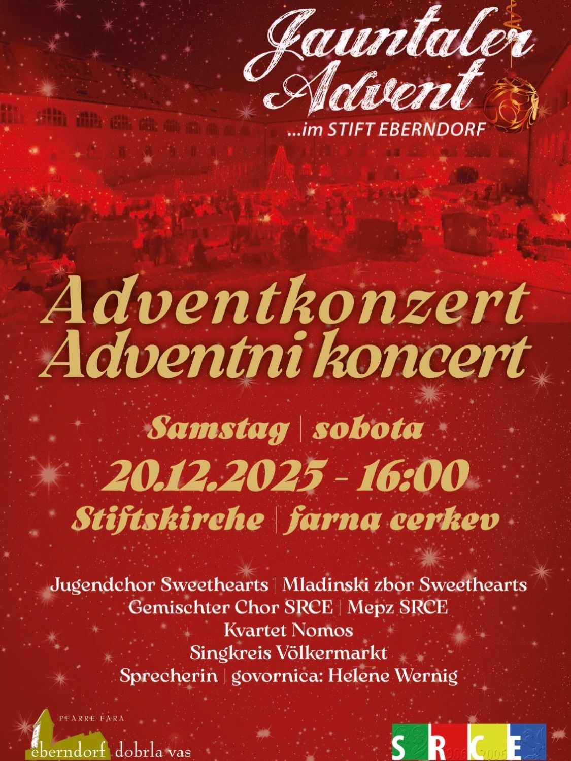 Eine Werbung für ein Adventkonzert in Stift Eberndorf am Samstag, den 20. Dezember 2025, um 16:00 Uhr. Das Event präsentiert den Jugendchor Sweethearts, gemischten Chor, Mepz SRCE und das Nomos Quartett.