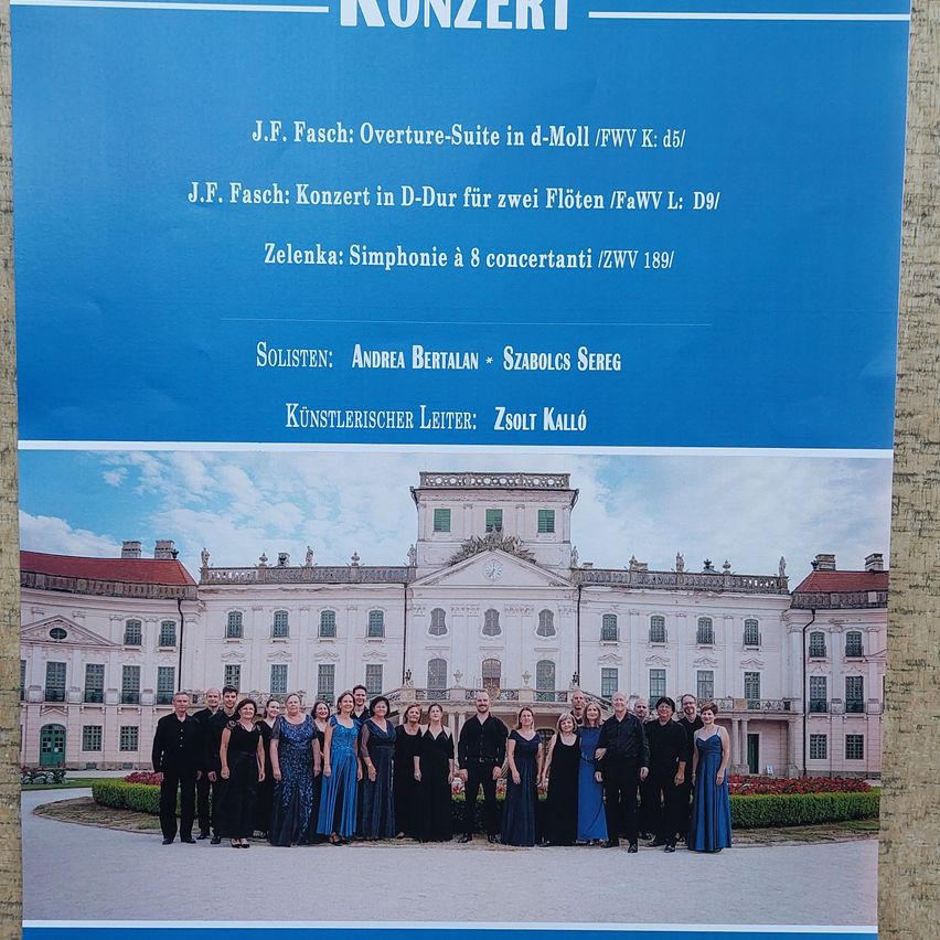 Ein Plakat für ein klassisches Musikkonzert mit einer Gruppe von Musikern vor einem großen Gebäude.
