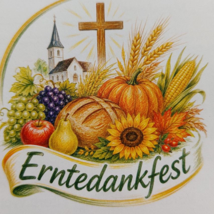 Illustration eines Erntedankfestes mit Kirche, Kreuz und verschiedenen Obst- und Gemüsesorten. Der Banner lautet 'Erntedankfest'.