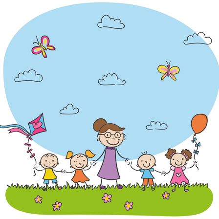 Illustration einer Familie mit fünf Kindern und einer Frau, die sich an den Händen halten, auf einer Wiese mit einem Drachen, Ballons, Schmetterlingen und Blumen am Himmel.