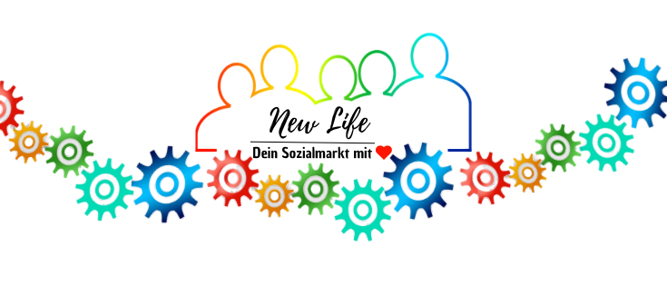 Eine bunte Illustration von Zahnrädern, die mit einer menschlichen Figur in der Mitte verbunden sind, mit dem Text 'New Life' und 'Dein Sozialmarkt mit'. Die Zahnräder sind in verschiedenen Farben und Größen und symbolisieren eine dynamische und vernetzte Gemeinschaft.