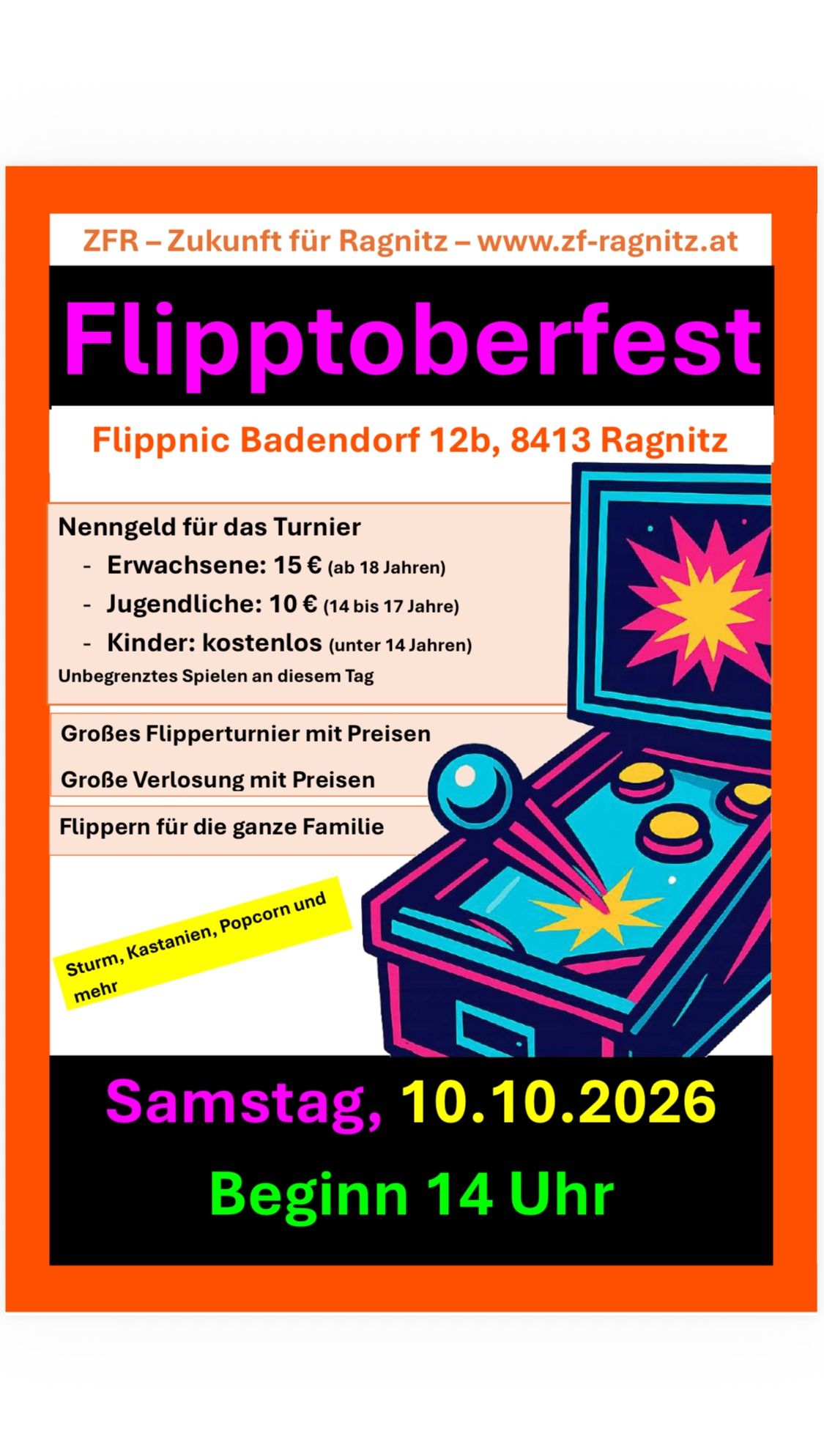 Plakat für das Flipptobert Fest im Flippnic Badendorf am 10. Oktober 2026. Zeigt ein buntes Arcade-Spiel mit Preisen für verschiedene Altersgruppen.