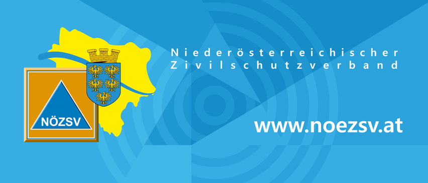 Eine blau-gelbe Karte mit dem Text Niederosterreichisch Zivilschutzverband. Die Karte hat die Form eines Dreiecks mit dem Logo auf der linken Seite. Das Logo hat den Text NOEZSV und einen Schild mit Krone und zwei Adlern. Die Website ist www.noezsv.
