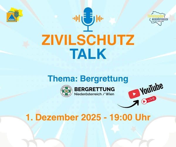 Ein Poster für Zivilschutz Talk, thematisch um Bergrettung zentriert. Es zeigt ein Mikrofon, ein YouTube-Logo und ein Symbol für Live-Stream. Geplant für den 1. Dezember 2025 um 19:00 Uhr.