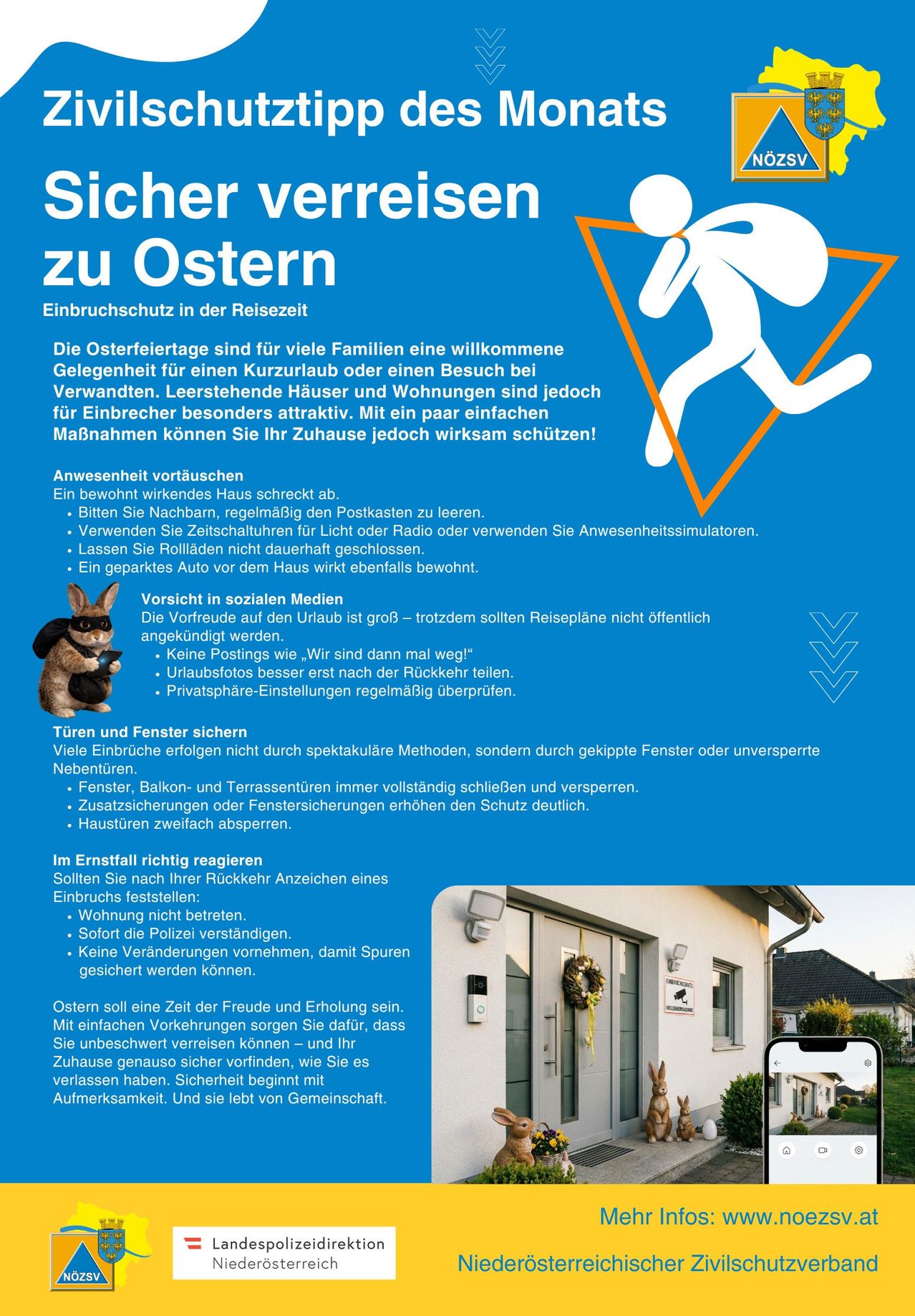 Ein Werbeplakat für Osterurlaubssicherheit, mit Tipps zum Hausschutz, Vorsicht in sozialen Medien, Sicherung von Türen und Fenstern und korrektes Reagieren auf Urlaubsanzeigen. Enthält Bilder eines Hauses, eines Hasen und eines Smartphones.