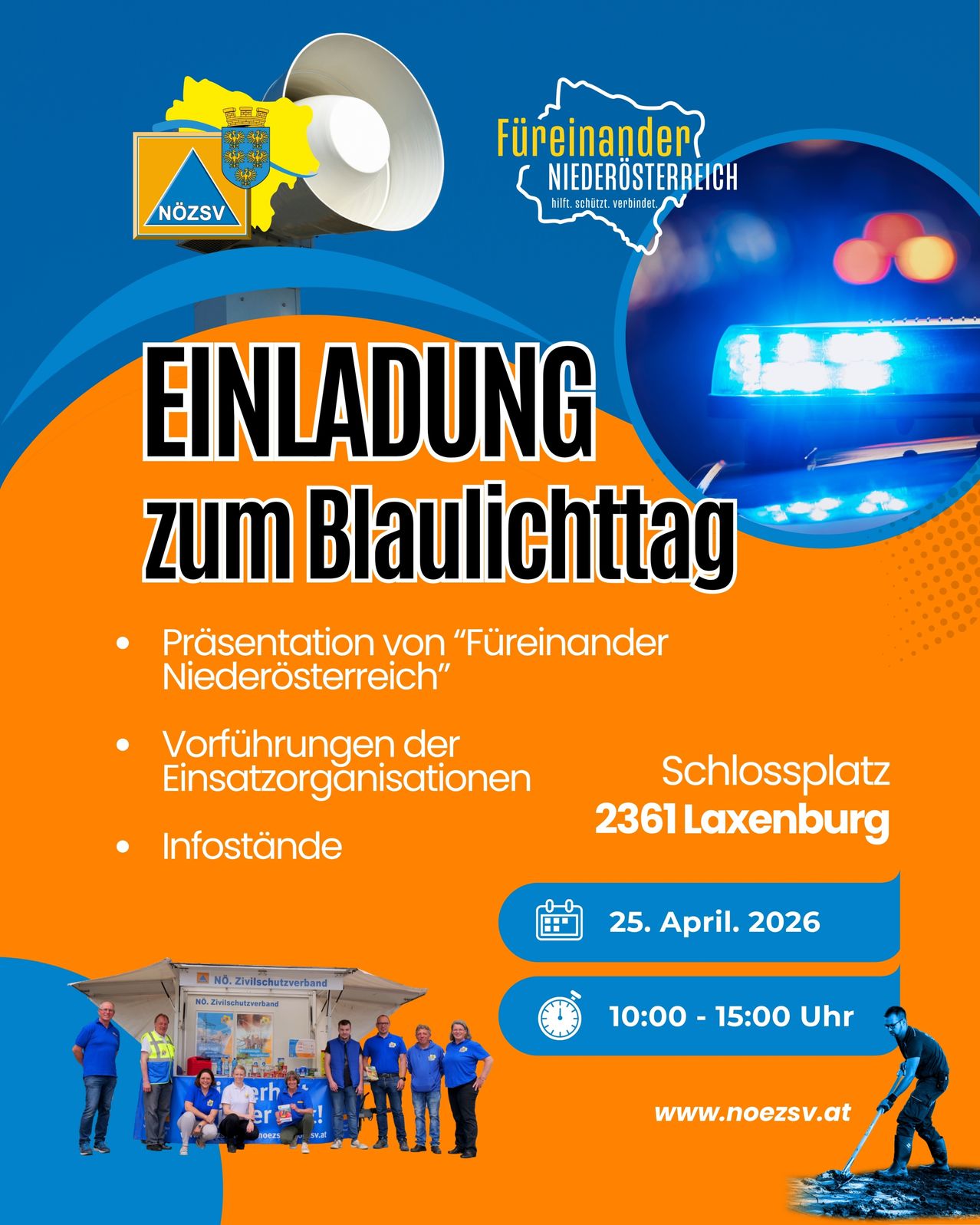 Veranstaltungsposter für den Blaulichttag mit orange-blauem Hintergrund, einer Präsentation von 'Feuerfreunden Niederösterreich', Vorführungen von Einsatzorganisationen, Infoständen, Schlossplatz 2361 Laxenburg, Datum 25. April 2026, Zeit 10:00-15:00