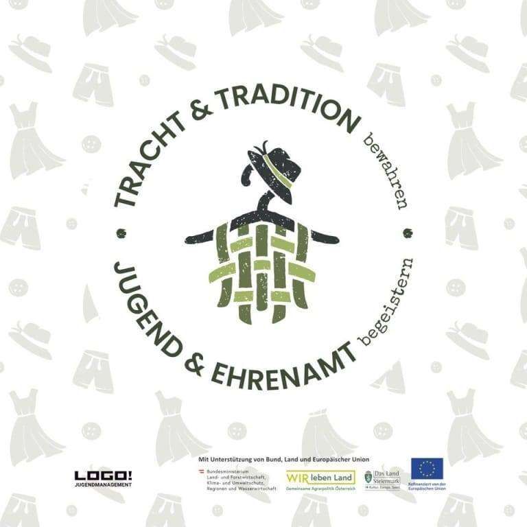 Das Bild zeigt ein kreisförmiges Logo mit einer zentralen Illustration einer Person, die einen Hut trägt und ein Stück Stoff hält. Die Wörter 'Tracht & Tradition' und 'Jugend & Ehrenamt' sind in einer gebogenen Form um das Logo herum eingeschrieben. Der Hintergrund ist mit verschiedenen Kleidungsstücken gemustert.
