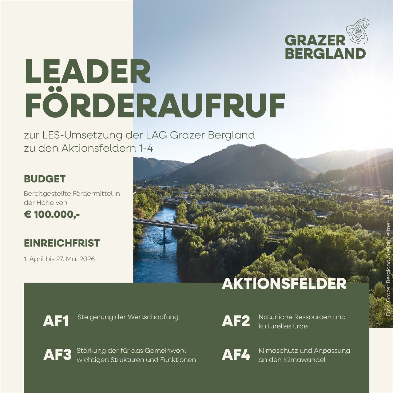 Der LEADER-Förderaufruf der Grazer Bergland LAG für die Umsetzung der Aktionsfelder 1-4. Budget: €100.000,-. Einreichungsfrist: 1. April bis 27. Mai 2026. Aktionsfelder: AF1: Steigerung der Wertschätzung, AF2: Natürliche Ressourcen und kulturelles Erbe, AF3: Stärkung der für das Gemeinwohl wichtigen Strukturen und Funktionen, AF4: Klimaschutz und Anpassung an den Klimawandel.