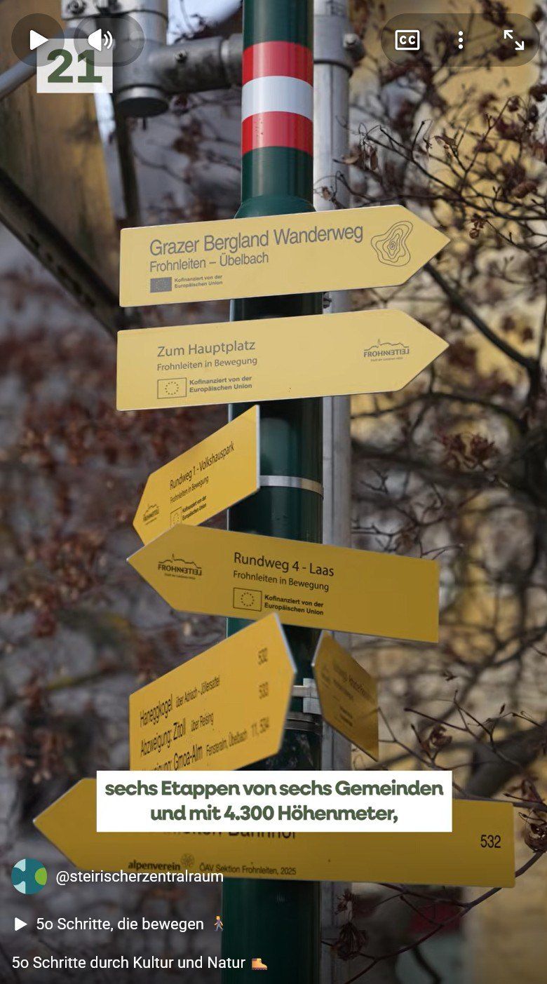 Mehrere gelbe Schilder sind an einem Metallpfosten befestigt, darunter eines für Grazer Bergland Wanderung Frohleiten-Ubelbach und ein anderes für Zum Hauptplatz Frohleiten in Bewegung.
