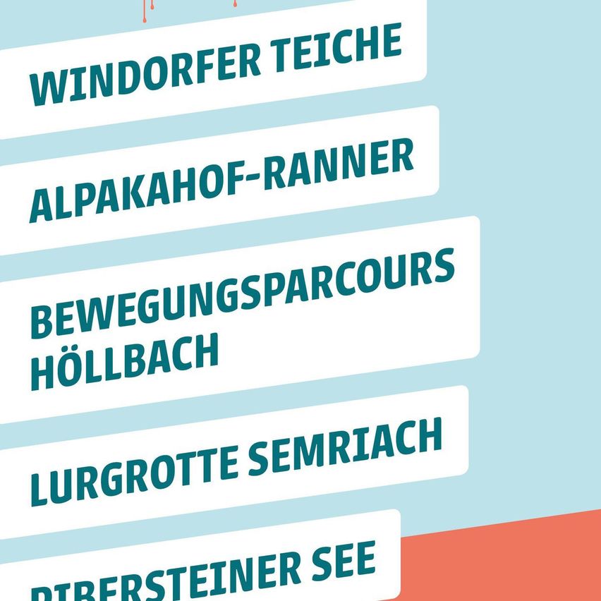 The image contains a list of locations: Windorfer Teiche, Alpakhof-Ranner, Bewegungssparcours Höllbach, Lurgrotte Semriach, Pibersteiner See.