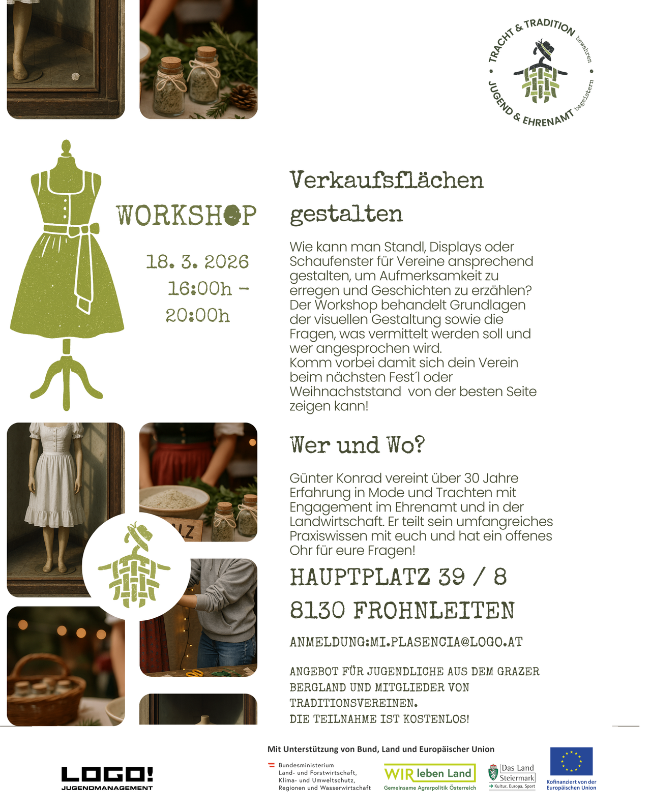 A poster shows a dress on a mannequin with a workshop date of March 18, 2026, from 4 PM to 8 PM. It invites people to design sales areas for clubs, emphasizing storytelling and engagement. The workshop covers basics and techniques for upcoming festivals or fairs. Gunther Conrad, with over 30 years of experience, offers open ears for questions.