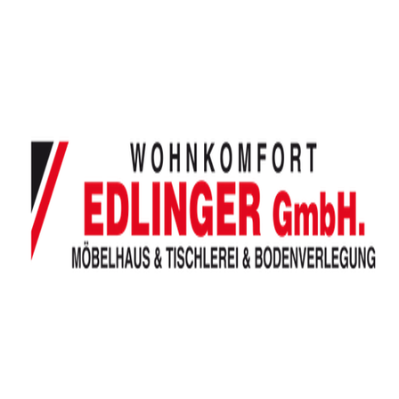 Logo für Wohnkomfort Edlinger GmbH, ein Unternehmen, das sich auf Möbel und Bodenbelag spezialisiert hat. Das Logo zeigt einen stilisierten Buchstaben 'E' und den Firmennamen in Fettdruck, mit einem Slogan in kleinerer Schrift.