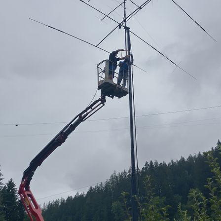 Zwei Personen benutzen einen Greifer, um einen hohen Antennenmast in einem Wald zu erklimmen, möglicherweise für Wartungs- oder Installationsarbeiten.