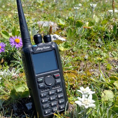 Ein schwarzes Handfunkgerät der Marke AnyTone liegt auf einem Grasfeld. Das Funkgerät hat einen Bildschirm und Tasten und ist von einigen grünen Blättern und Blumen umgeben.