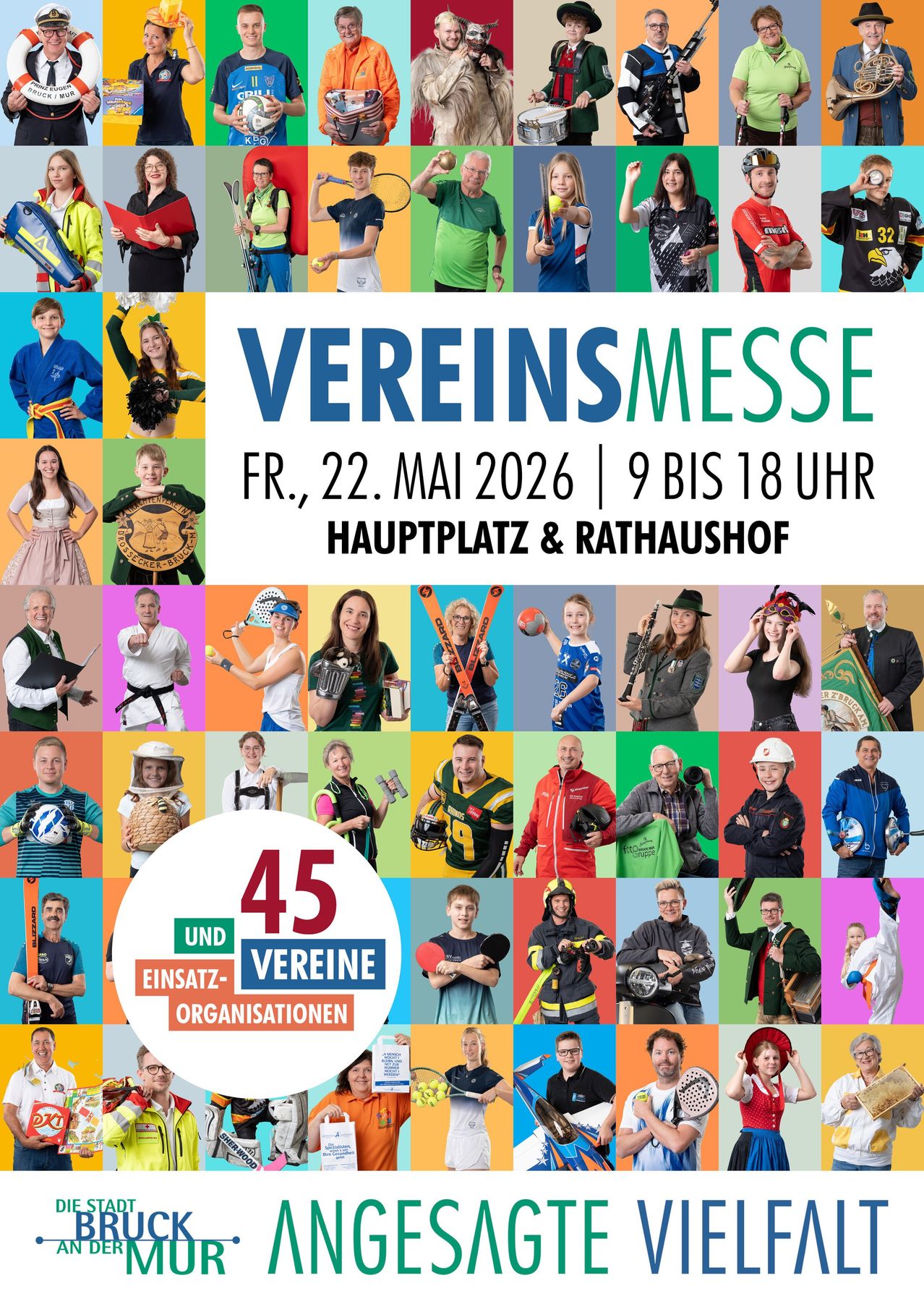 Plakat für die Vereinsmesse-Veranstaltung. 45 Organisationen. Datum: Fr., 22. Mai 2026. Zeit: 9 bis 18 Uhr. Ort: Hauptplatz & Rathaushof.