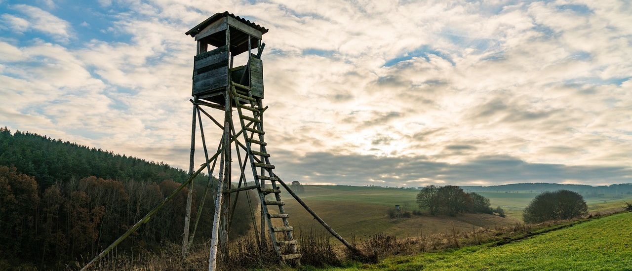 Ein alter hölzerner Aussichtsturm auf einem grünen Hang mit einem bewölkten Himmel im Hintergrund.