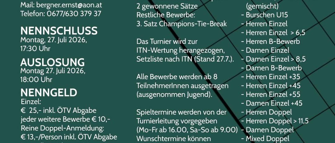 Tennisturnier-Ankündigung für TC Friesach vom 29. Juli bis 22. August 2026. Details umfassen Teilnahmegebühren, Spielpläne und eine Spielerparty am 22. August.
