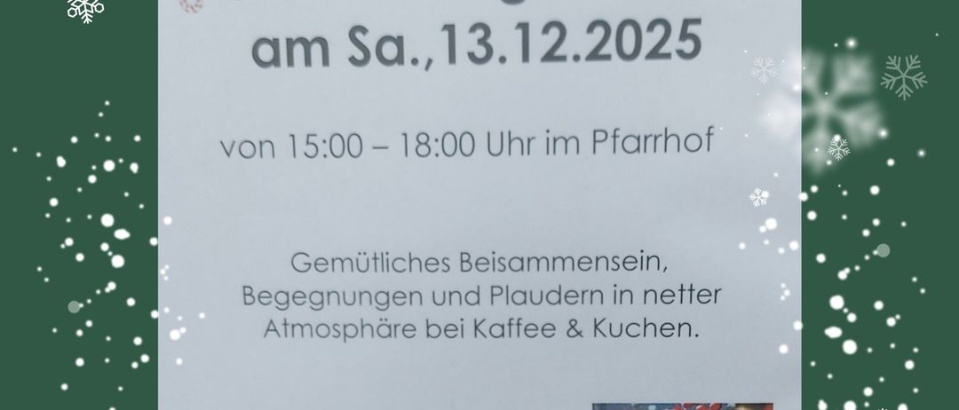 Plakat für eine vorweihnachtliche Nachmittagskaffee-Veranstaltung am 13. Dezember 2025 von 15:00 bis 18:00 Uhr in der Kirche. Es zeigt eine Tasse Kaffee und Weihnachtsdekoration.