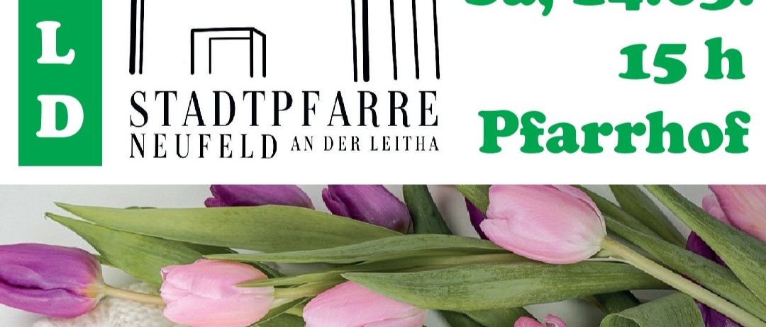 Werbung für eine Cafe-Veranstaltung im Neufeld Stadthaus am Samstag, 14. März, Beginn um 15:00. Ein Kaffee und Tulpen sind abgebildet.
