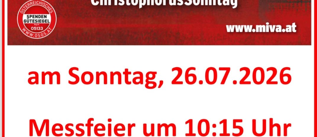 Plakat für Christophorus Aktion mit einem Auto und dem Datum 26.07.2026. Es enthält einen Link zur Website und erwähnt eine Messe um 10:15 Uhr.